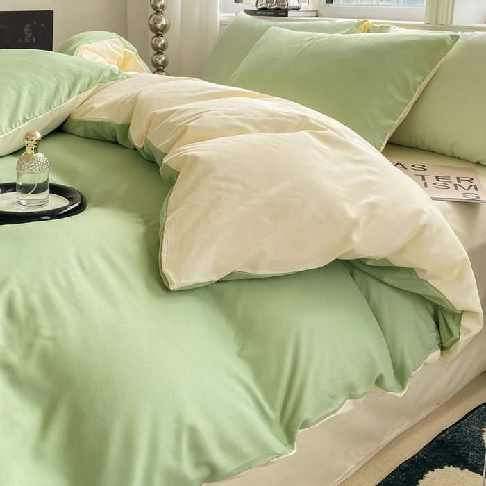 91家纺网 家纺一手货源 找家纺 芷凡家纺 2024新款亲肤棉纯色双拼四件套 果绿+米白