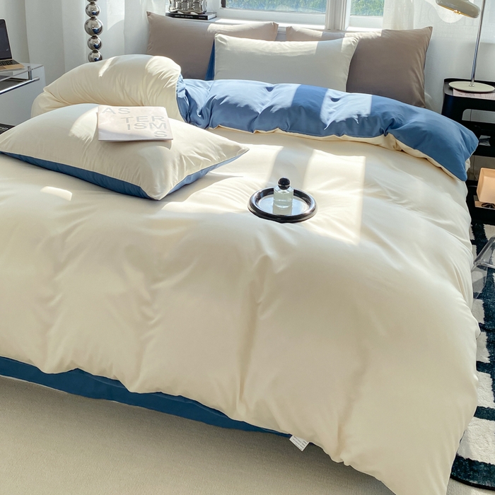 91家纺网 家纺一手货源 找家纺 芷凡家纺 2024新款亲肤棉纯色双拼四件套 米白+牛仔蓝