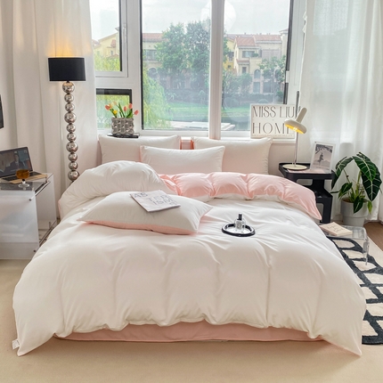 91家纺网 家纺一手货源 找家纺 芷凡家纺 2024新款亲肤棉纯色双拼四件套 奶白+奶油粉