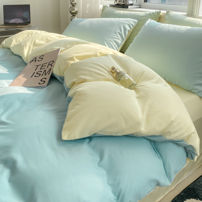 91家纺网 家纺一手货源 找家纺 芷凡家纺 2024新款亲肤棉纯色双拼四件套 蓝灰+奶黄