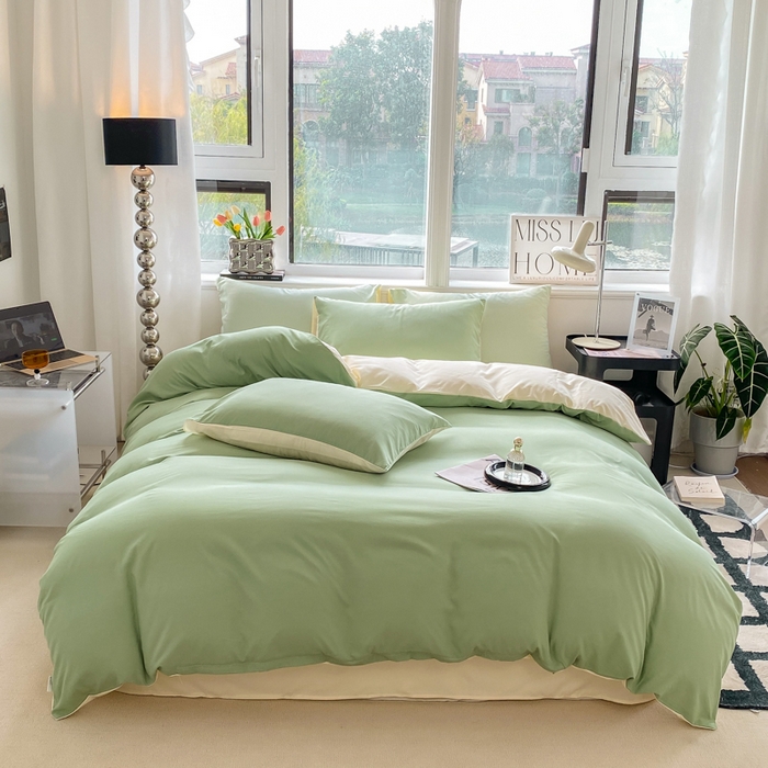 91家纺网 家纺一手货源 找家纺 芷凡家纺 2024新款亲肤棉纯色双拼四件套 果绿+米白