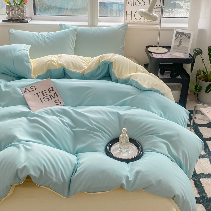 91家纺网 家纺一手货源 找家纺 芷凡家纺 2024新款亲肤棉纯色双拼四件套 蓝灰+奶黄