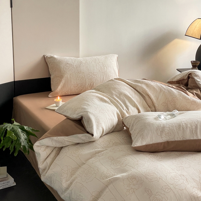 91家纺网 家纺一手货源 找家纺 ab家纺 2024新款全棉三层纱提花四件套系列-玫瑰 玫瑰咖