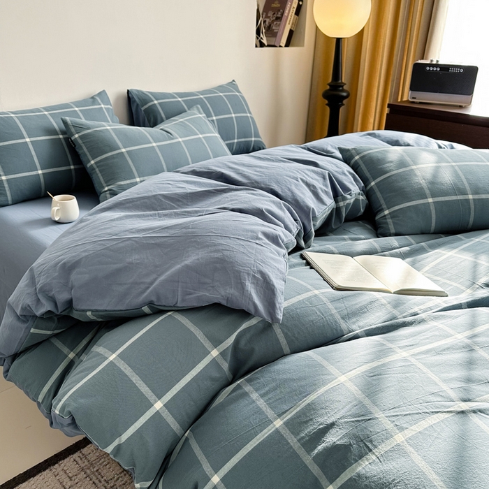 91家纺网 家纺一手货源 找家纺 小懒猪 2024新款色织水洗棉格子款四件套 糖果蓝大格