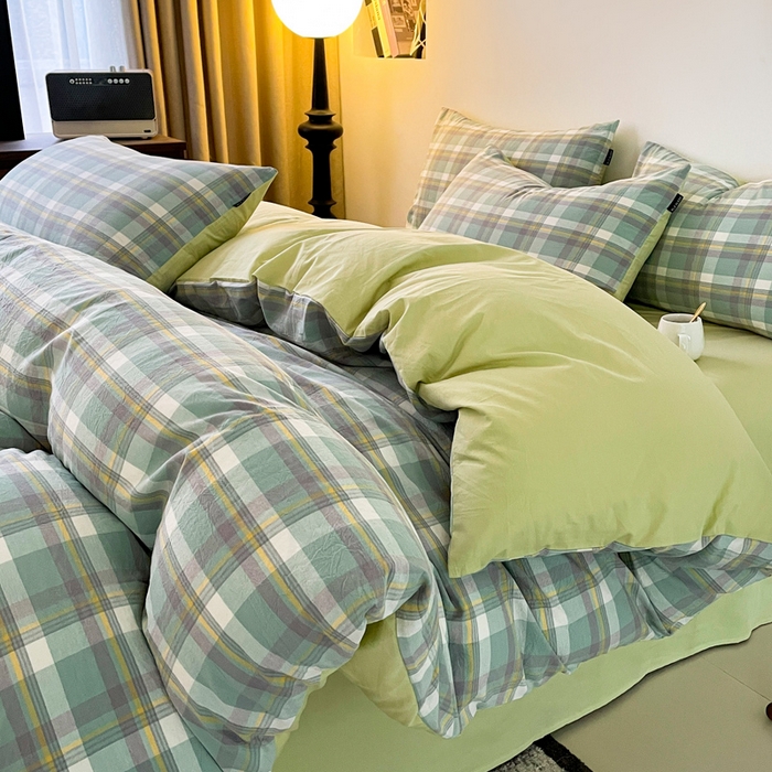 91家纺网 家纺一手货源 找家纺 小懒猪 2024新款色织水洗棉格子款四件套 羽田绿