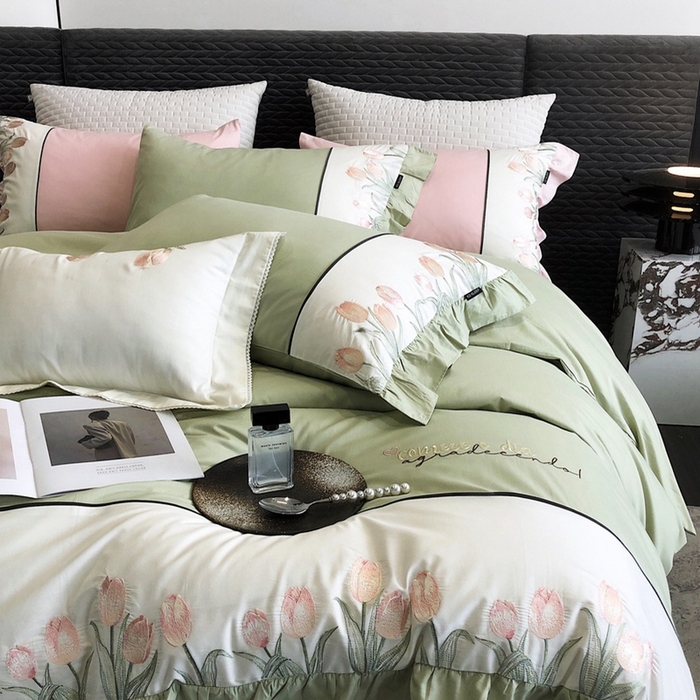 91家纺网 家纺一手货源 找家纺 卡姿家纺 2024新款秋冬全棉优雅刺绣四件套—粉色郁金香 粉色郁金香-豆绿