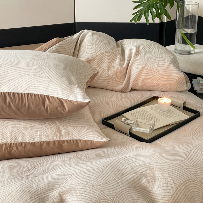 91家纺网 家纺一手货源 找家纺 ab家纺 2024新款全棉三层纱提花四件套系列-浪花 浪花咖