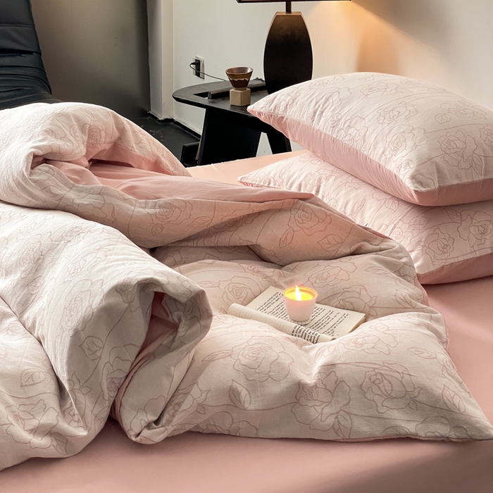 91家纺网 家纺一手货源 找家纺 ab家纺 2024新款全棉三层纱提花四件套系列-玫瑰 玫瑰粉