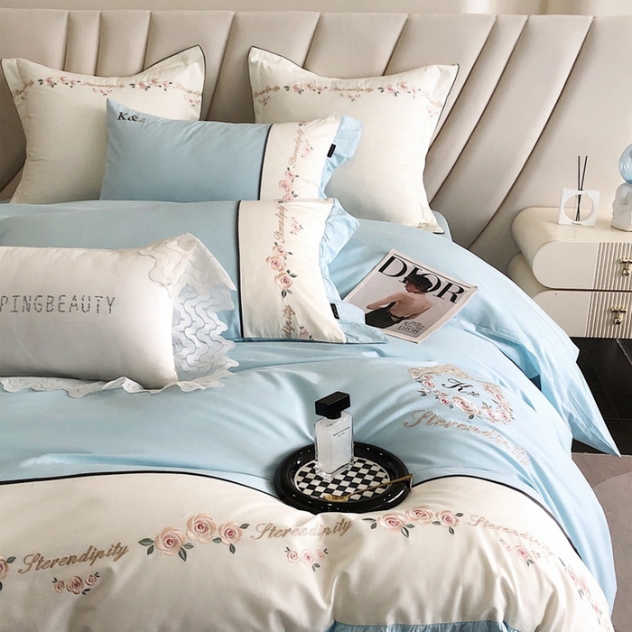 91家纺网 家纺一手货源 找家纺 卡姿家纺 2024新款春夏全棉优雅刺绣四件套-爱尔莎 爱尔莎-蓝