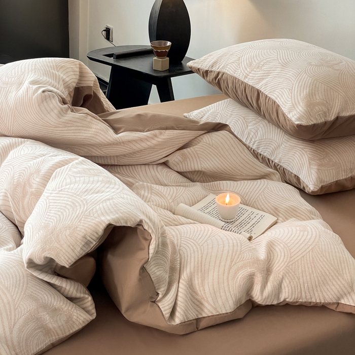 91家纺网 家纺一手货源 找家纺 ab家纺 2024新款全棉三层纱提花四件套系列-浪花 浪花咖