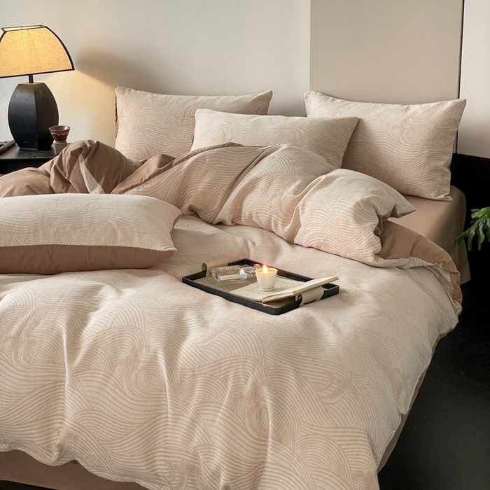 91家纺网 家纺一手货源 找家纺 ab家纺 2024新款全棉三层纱提花四件套系列-浪花 浪花咖