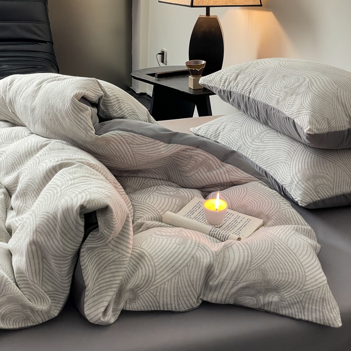 91家纺网 家纺一手货源 找家纺 ab家纺 2024新款全棉三层纱提花四件套系列-浪花 浪花灰