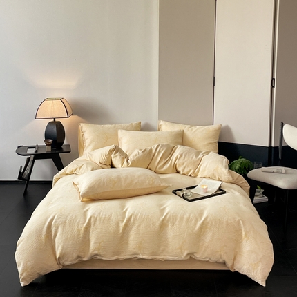 91家纺网 家纺一手货源 找家纺 ab家纺 2024新款全棉三层纱提花四件套系列-浪花 浪花杏