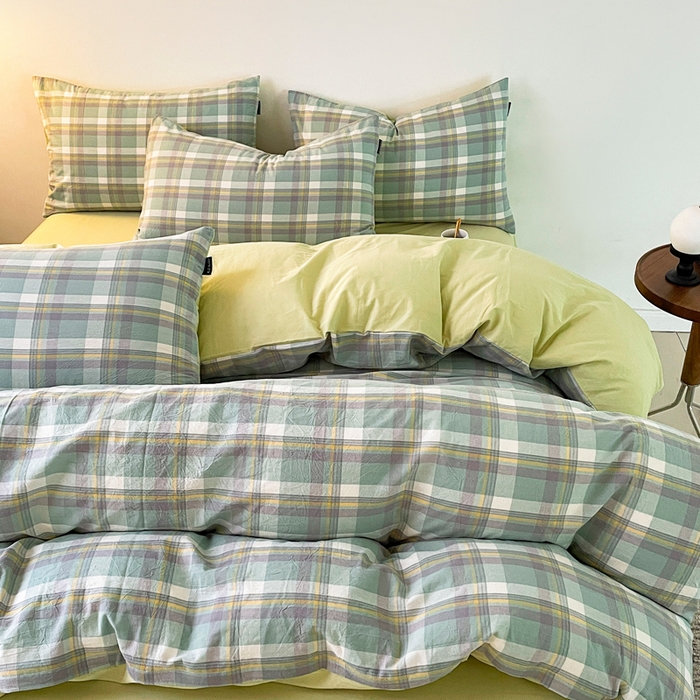 91家纺网 家纺一手货源 找家纺 小懒猪 2024新款色织水洗棉格子款四件套 羽田绿