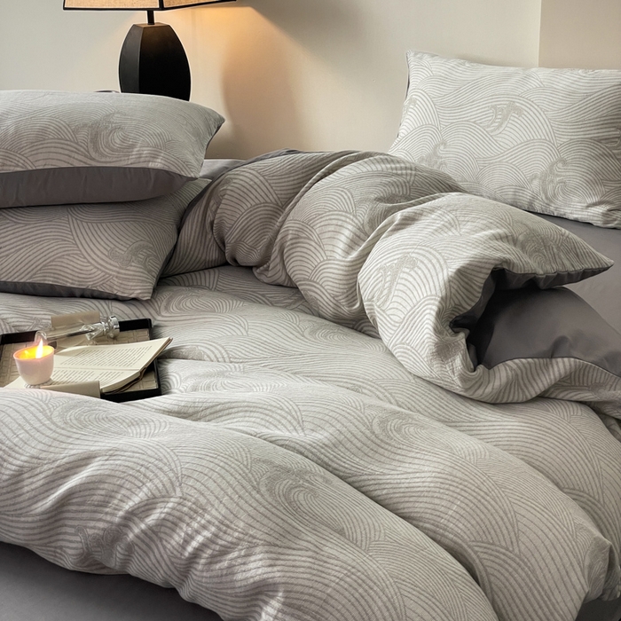 91家纺网 家纺一手货源 找家纺 ab家纺 2024新款全棉三层纱提花四件套系列-浪花 浪花灰