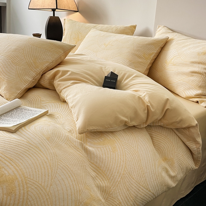 91家纺网 家纺一手货源 找家纺 ab家纺 2024新款全棉三层纱提花四件套系列-浪花 浪花杏