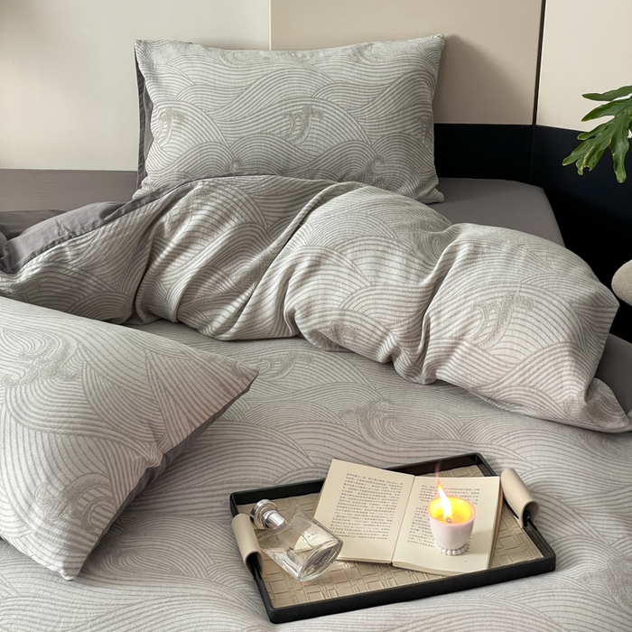 91家纺网 家纺一手货源 找家纺 ab家纺 2024新款全棉三层纱提花四件套系列-浪花 浪花灰