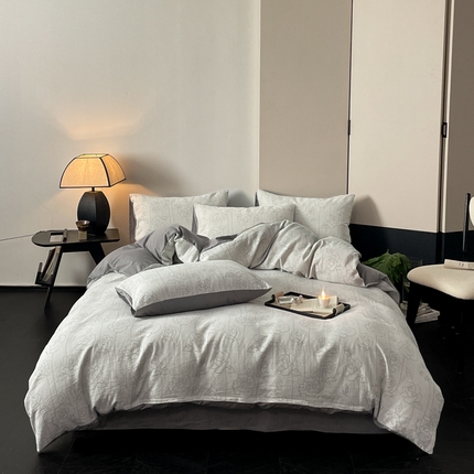 91家纺网 家纺一手货源 找家纺 ab家纺 2024新款全棉三层纱提花四件套系列-玫瑰 玫瑰灰