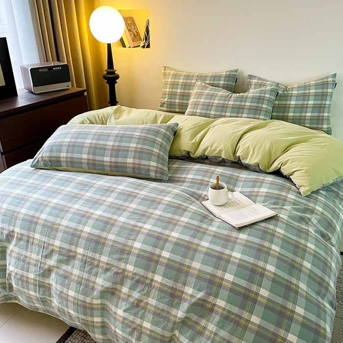 91家纺网 家纺一手货源 找家纺 小懒猪 2024新款色织水洗棉格子款四件套 羽田绿