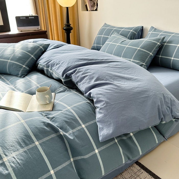 91家纺网 家纺一手货源 找家纺 小懒猪 2024新款色织水洗棉格子款四件套 糖果蓝大格