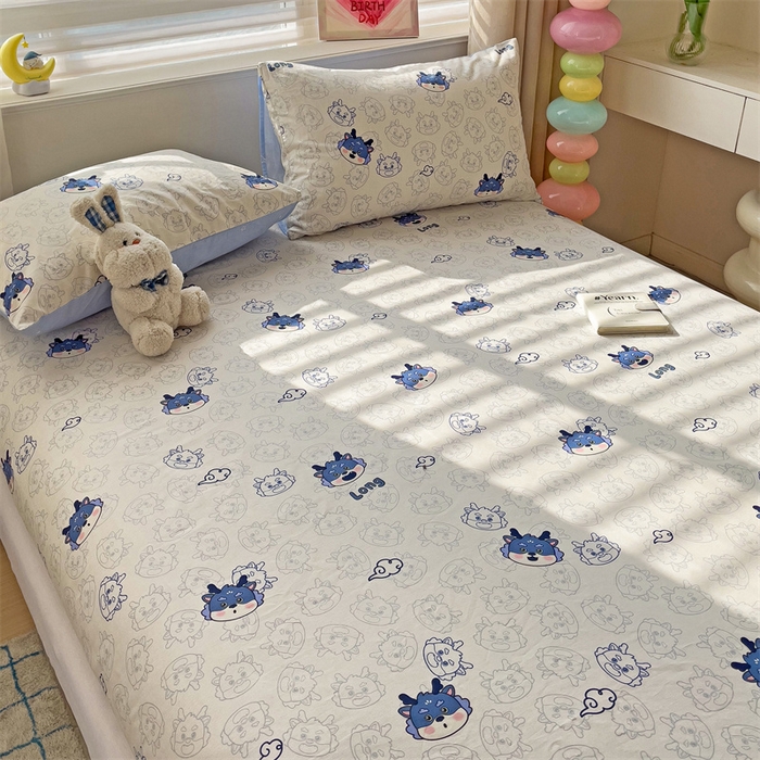 91家纺网 家纺一手货源 找家纺 名兮家居 2024新款全棉印花单床笠 龙宝宝-蓝