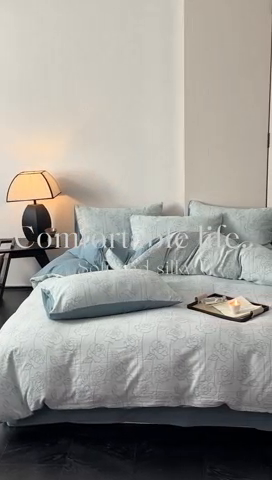 91家纺网 家纺一手货源 找家纺 ab家纺 2024新款全棉三层纱提花四件套系列-玫瑰 玫瑰蓝