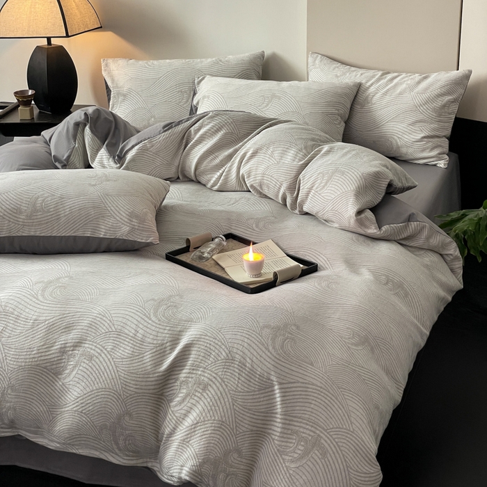 91家纺网 家纺一手货源 找家纺 ab家纺 2024新款全棉三层纱提花四件套系列-浪花 浪花灰