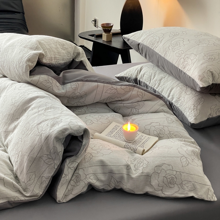 91家纺网 家纺一手货源 找家纺 ab家纺 2024新款全棉三层纱提花四件套系列-玫瑰 玫瑰灰