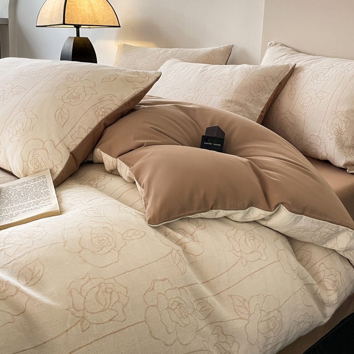 91家纺网 家纺一手货源 找家纺 ab家纺 2024新款全棉三层纱提花四件套系列-玫瑰 玫瑰咖