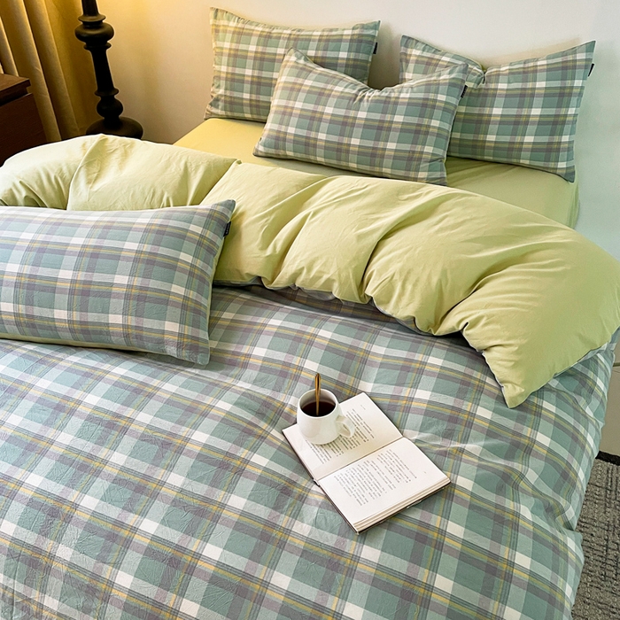 91家纺网 家纺一手货源 找家纺 小懒猪 2024新款色织水洗棉格子款四件套 羽田绿