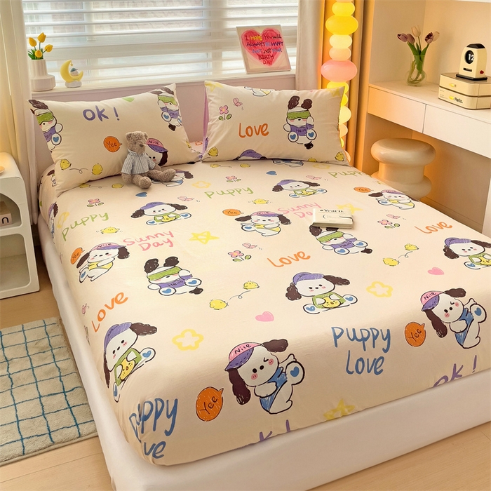 91家纺网 家纺一手货源 找家纺 名兮家居 2024新款全棉印花单床笠 潮流小狗