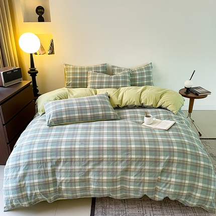 91家纺网 家纺一手货源 找家纺 小懒猪 2024新款色织水洗棉格子款四件套 羽田绿