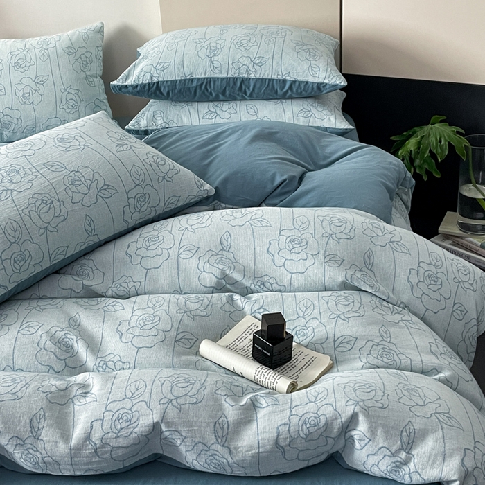 91家纺网 家纺一手货源 找家纺 ab家纺 2024新款全棉三层纱提花四件套系列-玫瑰 玫瑰蓝