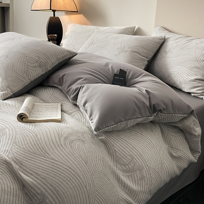 91家纺网 家纺一手货源 找家纺 ab家纺 2024新款全棉三层纱提花四件套系列-浪花 浪花灰