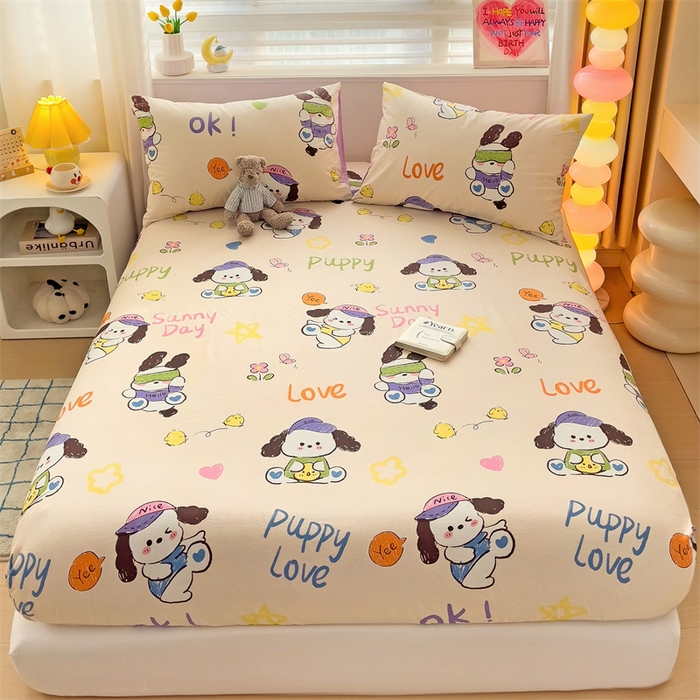 91家纺网 家纺一手货源 找家纺 名兮家居 2024新款全棉印花单床笠 潮流小狗