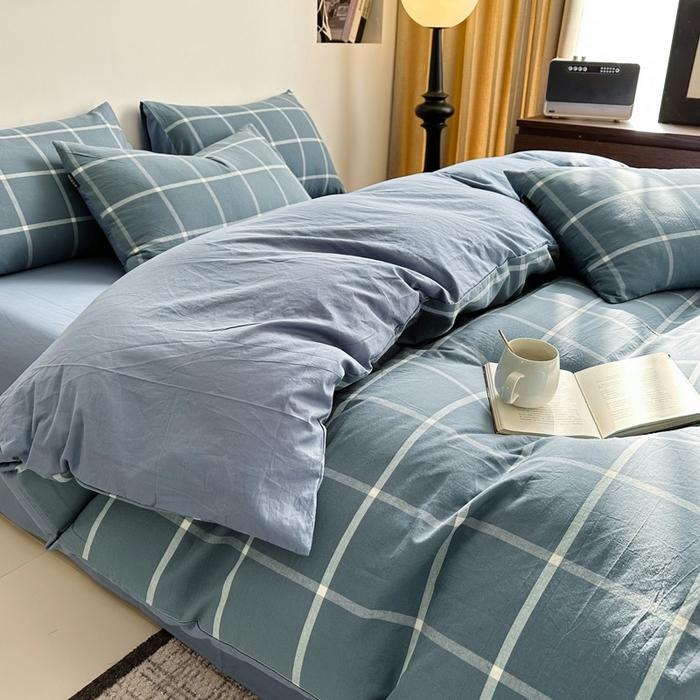 91家纺网 家纺一手货源 找家纺 小懒猪 2024新款色织水洗棉格子款四件套 糖果蓝大格