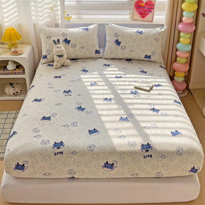 91家纺网 家纺一手货源 找家纺 名兮家居 2024新款全棉印花单床笠 龙宝宝-蓝