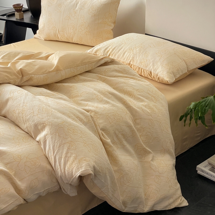 91家纺网 家纺一手货源 找家纺 ab家纺 2024新款全棉三层纱提花四件套系列-玫瑰 玫瑰杏