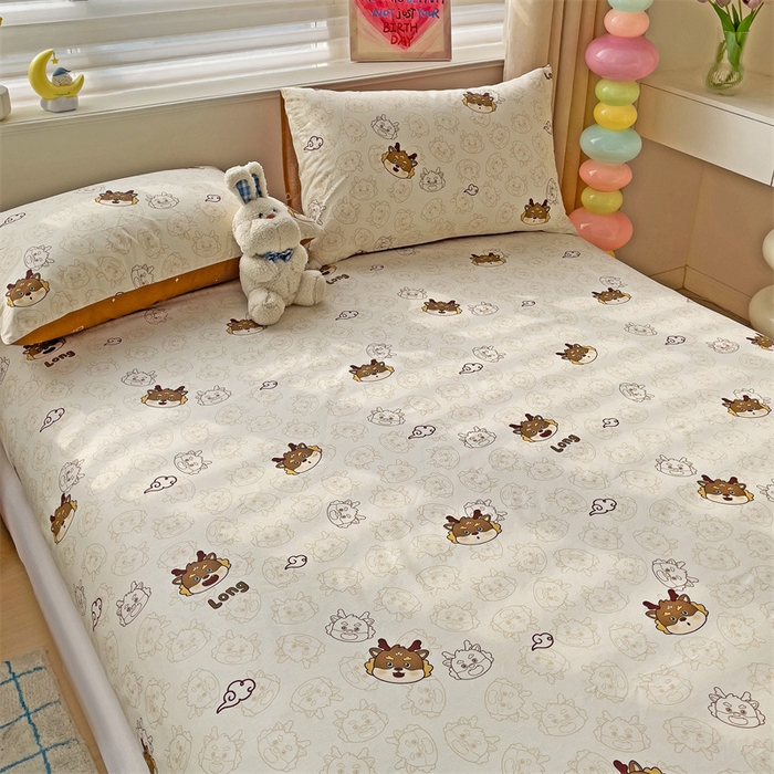 91家纺网 家纺一手货源 找家纺 名兮家居 2024新款全棉印花单床笠 龙宝宝-奶咖