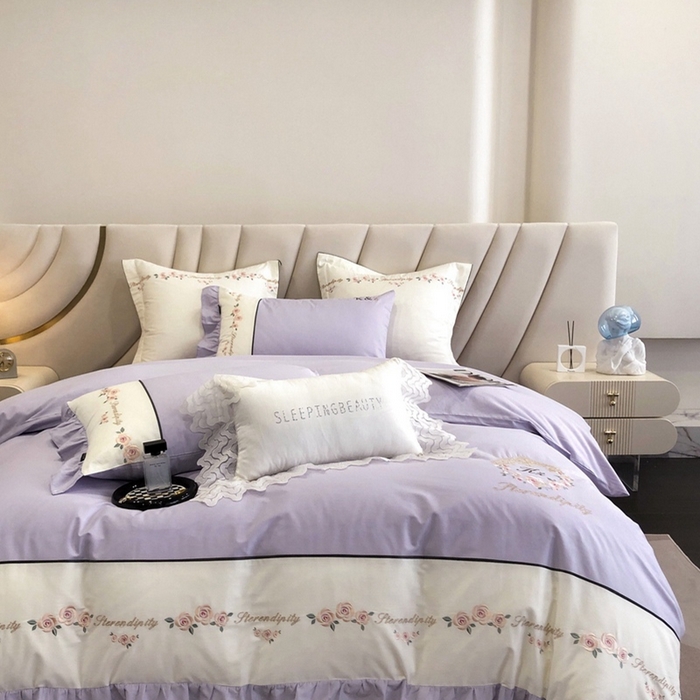 91家纺网 家纺一手货源 找家纺 卡姿家纺 2024新款春夏全棉优雅刺绣四件套-爱尔莎 爱尔莎-紫