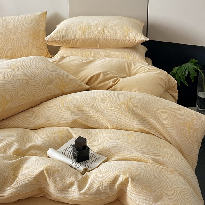 91家纺网 家纺一手货源 找家纺 ab家纺 2024新款全棉三层纱提花四件套系列-浪花 浪花杏