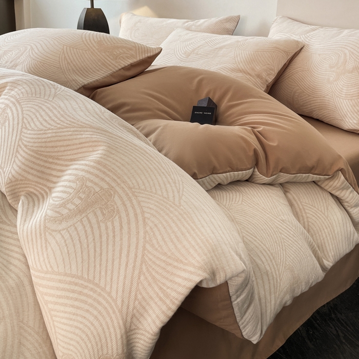 91家纺网 家纺一手货源 找家纺 ab家纺 2024新款全棉三层纱提花四件套系列-浪花 浪花咖