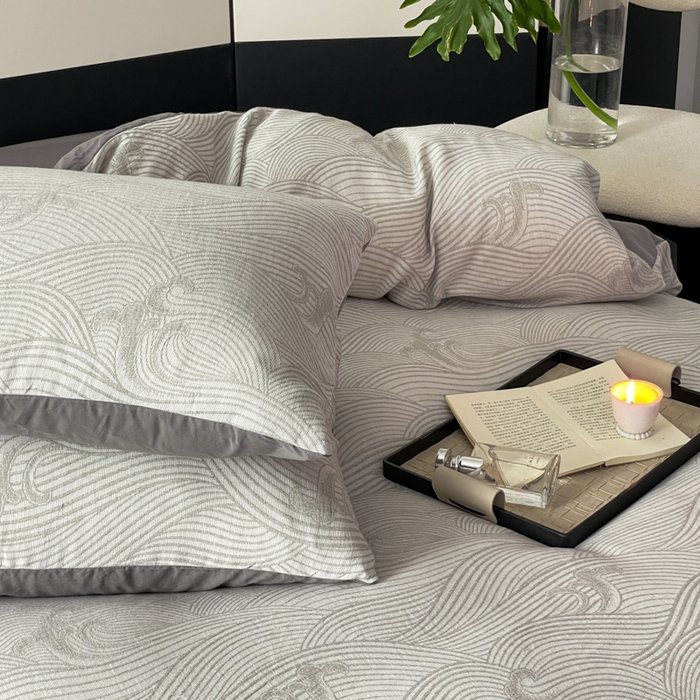 91家纺网 家纺一手货源 找家纺 ab家纺 2024新款全棉三层纱提花四件套系列-浪花 浪花灰