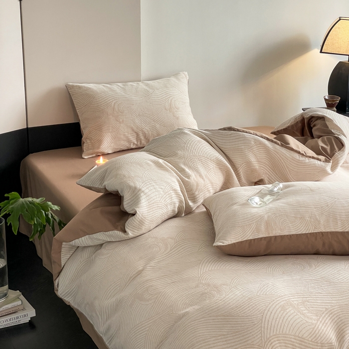 91家纺网 家纺一手货源 找家纺 ab家纺 2024新款全棉三层纱提花四件套系列-浪花 浪花咖