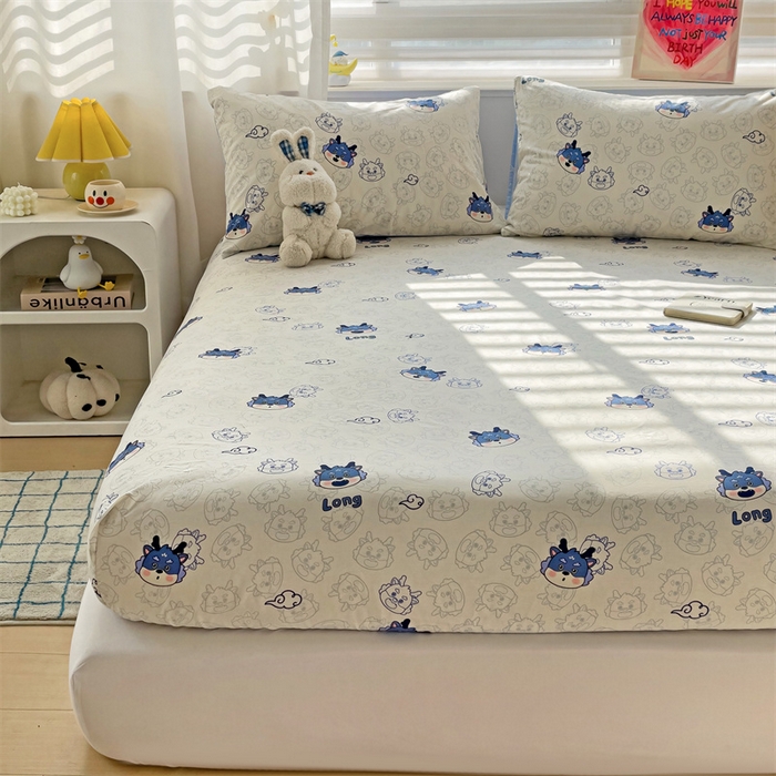 91家纺网 家纺一手货源 找家纺 名兮家居 2024新款全棉印花单床笠 龙宝宝-蓝