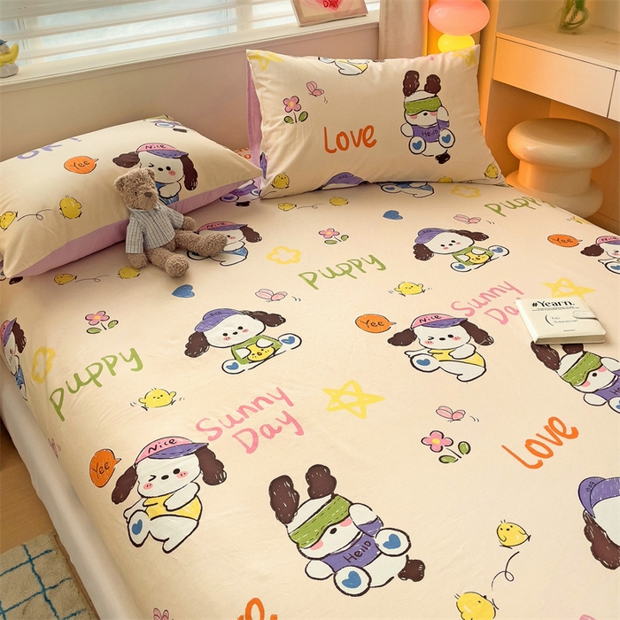 91家纺网 家纺一手货源 找家纺 名兮家居 2024新款全棉印花单床笠 潮流小狗