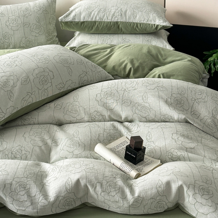 91家纺网 家纺一手货源 找家纺 ab家纺 2024新款全棉三层纱提花四件套系列-玫瑰 玫瑰绿