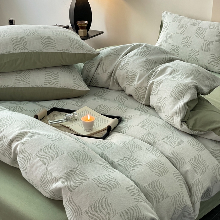 91家纺网 家纺一手货源 找家纺 ab家纺 2024新款全棉三层纱提花四件套系列-方格 方格绿