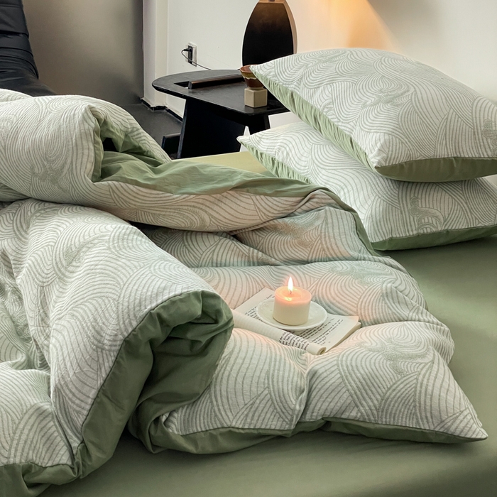 91家纺网 家纺一手货源 找家纺 ab家纺 2024新款全棉三层纱提花四件套系列-浪花 浪花绿