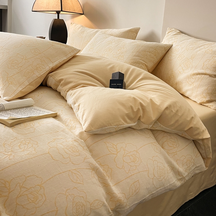 91家纺网 家纺一手货源 找家纺 ab家纺 2024新款全棉三层纱提花四件套系列-玫瑰 玫瑰杏